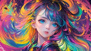 Preview wallpaper girl, hair, paint, colorful, bright, anime