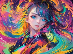 Preview wallpaper girl, hair, paint, colorful, bright, anime