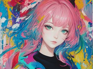 Preview wallpaper girl, hair, pink, paint, anime