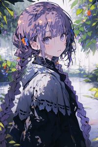 Preview wallpaper girl, hair, rain, anime, purple