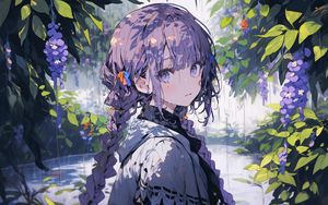 Preview wallpaper girl, hair, rain, anime, purple