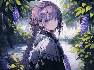 Preview wallpaper girl, hair, rain, anime, purple