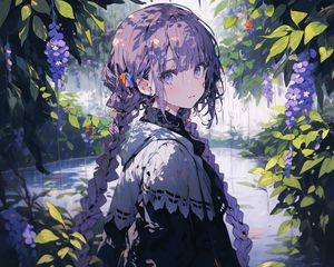 Preview wallpaper girl, hair, rain, anime, purple