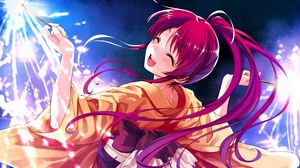 Preview wallpaper girl, hair, red, kimono, lights, fun
