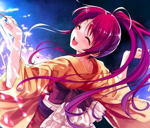 Preview wallpaper girl, hair, red, kimono, lights, fun