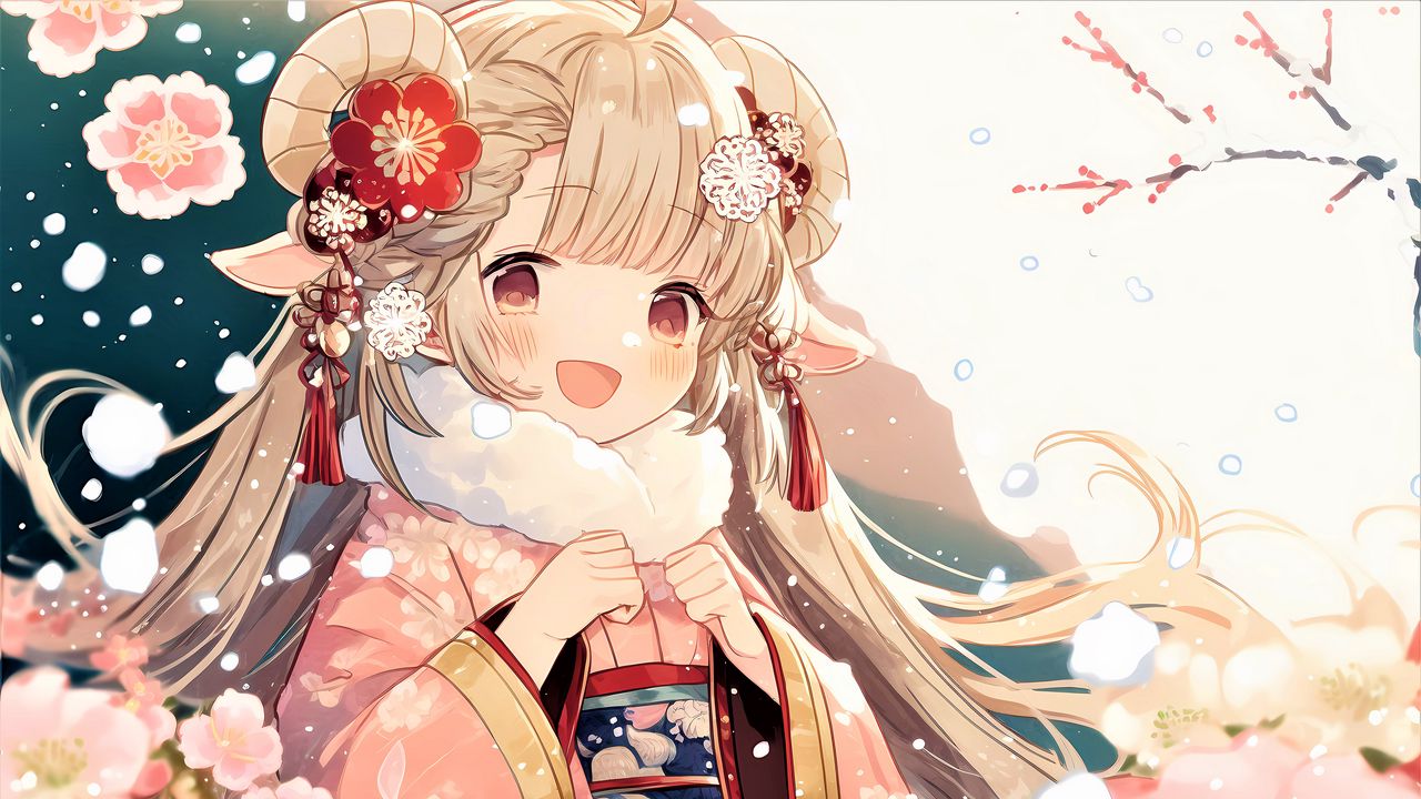 Wallpaper girl, hair, smile, kimono, flowers, pink