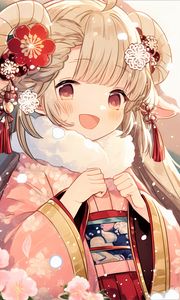 Preview wallpaper girl, hair, smile, kimono, flowers, pink