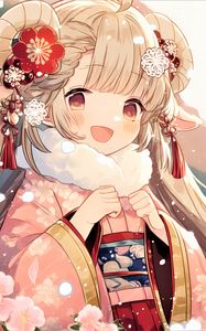 Preview wallpaper girl, hair, smile, kimono, flowers, pink