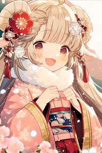 Preview wallpaper girl, hair, smile, kimono, flowers, pink