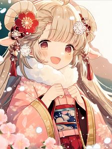 Preview wallpaper girl, hair, smile, kimono, flowers, pink