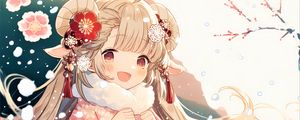 Preview wallpaper girl, hair, smile, kimono, flowers, pink