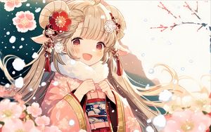 Preview wallpaper girl, hair, smile, kimono, flowers, pink