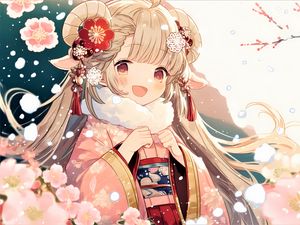 Preview wallpaper girl, hair, smile, kimono, flowers, pink