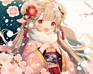 Preview wallpaper girl, hair, smile, kimono, flowers, pink