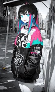 Preview wallpaper girl, hair, street, city, anime