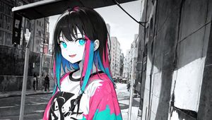 Preview wallpaper girl, hair, street, city, anime