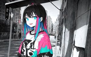 Preview wallpaper girl, hair, street, city, anime