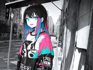 Preview wallpaper girl, hair, street, city, anime