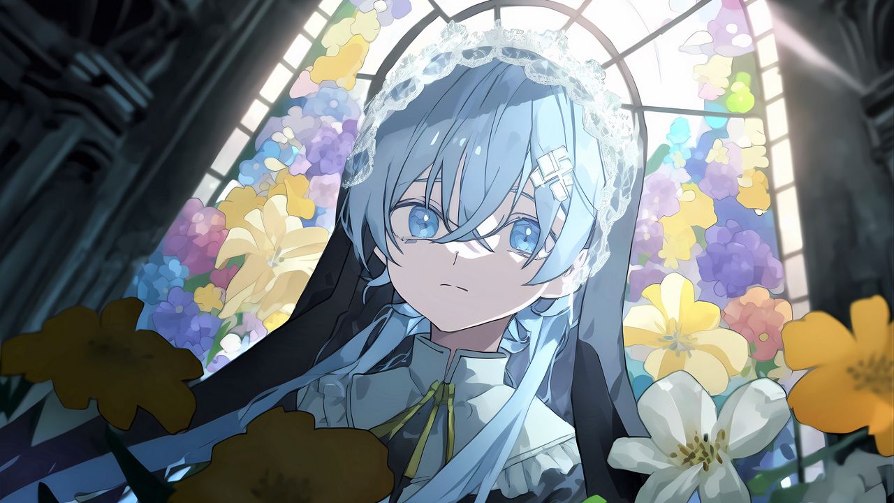 Wallpaper girl, hair, window, blue, anime