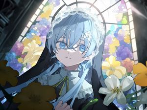 Preview wallpaper girl, hair, window, blue, anime