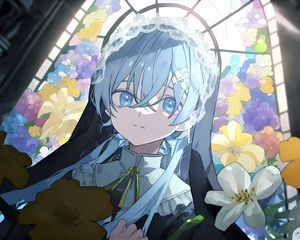 Preview wallpaper girl, hair, window, blue, anime