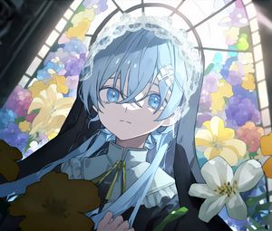 Preview wallpaper girl, hair, window, blue, anime