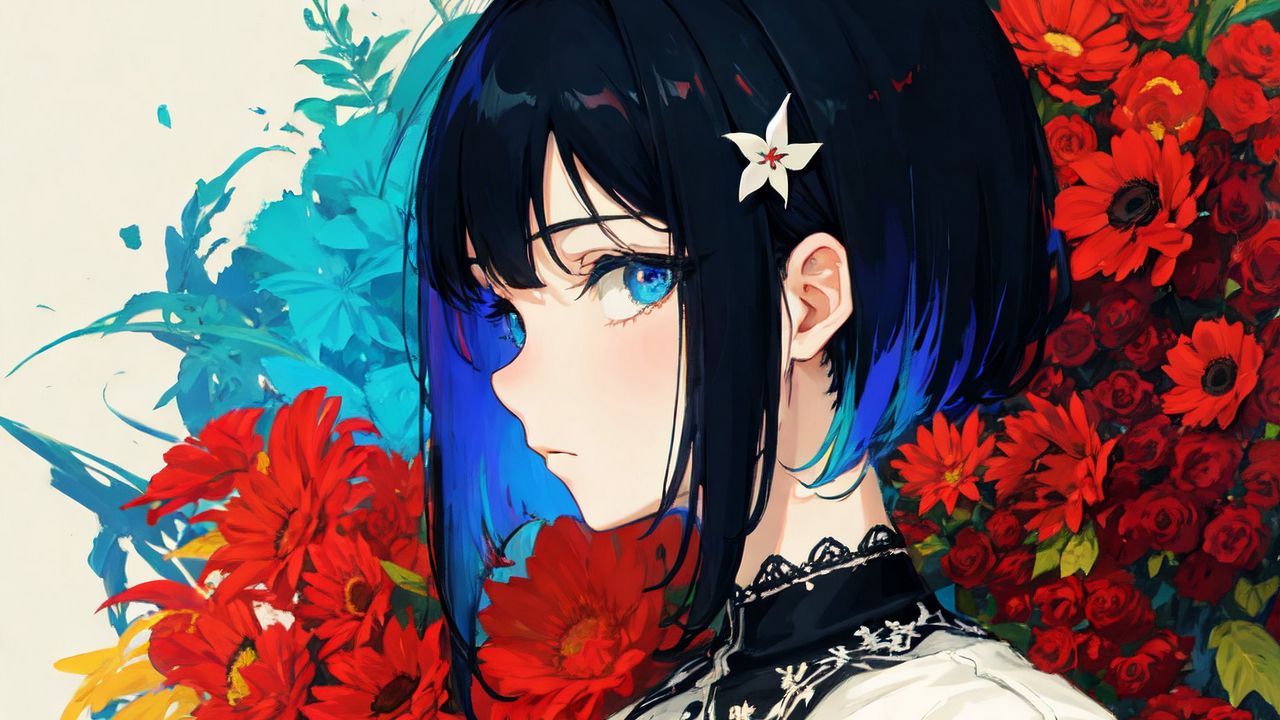 Wallpaper girl, hairpin, dress, flowers, anime