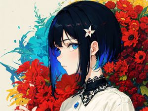 Preview wallpaper girl, hairpin, dress, flowers, anime