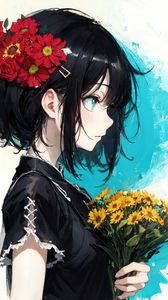 Preview wallpaper girl, hairpin, flowers, bouquet, anime