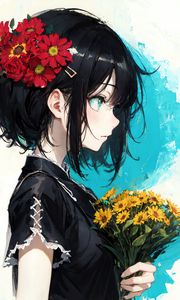 Preview wallpaper girl, hairpin, flowers, bouquet, anime