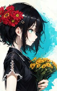 Preview wallpaper girl, hairpin, flowers, bouquet, anime