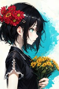 Preview wallpaper girl, hairpin, flowers, bouquet, anime