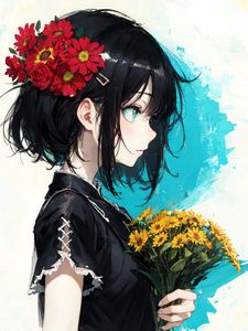 Preview wallpaper girl, hairpin, flowers, bouquet, anime