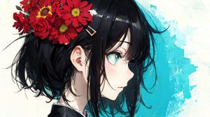 Preview wallpaper girl, hairpin, flowers, bouquet, anime