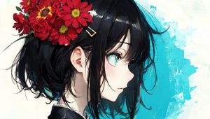 Preview wallpaper girl, hairpin, flowers, bouquet, anime