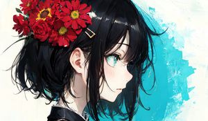 Preview wallpaper girl, hairpin, flowers, bouquet, anime