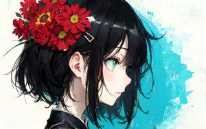 Preview wallpaper girl, hairpin, flowers, bouquet, anime