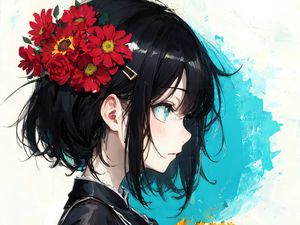 Preview wallpaper girl, hairpin, flowers, bouquet, anime