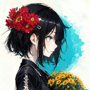 Preview wallpaper girl, hairpin, flowers, bouquet, anime