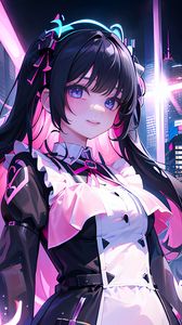 Preview wallpaper girl, hairpin, smile, dress, neon, anime