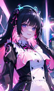 Preview wallpaper girl, hairpin, smile, dress, neon, anime