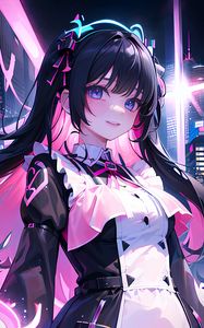 Preview wallpaper girl, hairpin, smile, dress, neon, anime