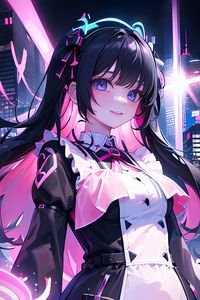 Preview wallpaper girl, hairpin, smile, dress, neon, anime