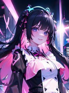 Preview wallpaper girl, hairpin, smile, dress, neon, anime