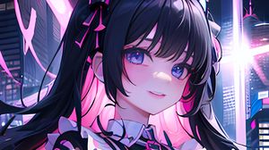 Preview wallpaper girl, hairpin, smile, dress, neon, anime