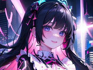 Preview wallpaper girl, hairpin, smile, dress, neon, anime