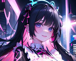 Preview wallpaper girl, hairpin, smile, dress, neon, anime