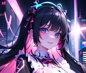 Preview wallpaper girl, hairpin, smile, dress, neon, anime
