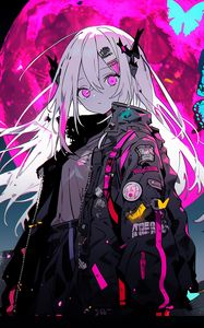 Preview wallpaper girl, hairpins, butterflies, moon, anime