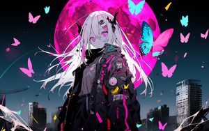 Preview wallpaper girl, hairpins, butterflies, moon, anime
